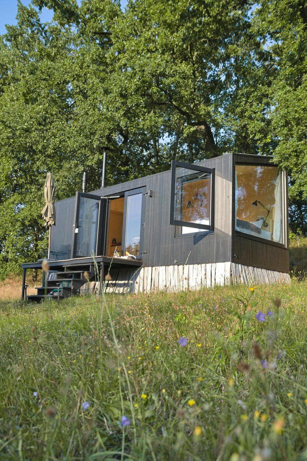 Modern dark-clad tiny house in a wildflower meadow